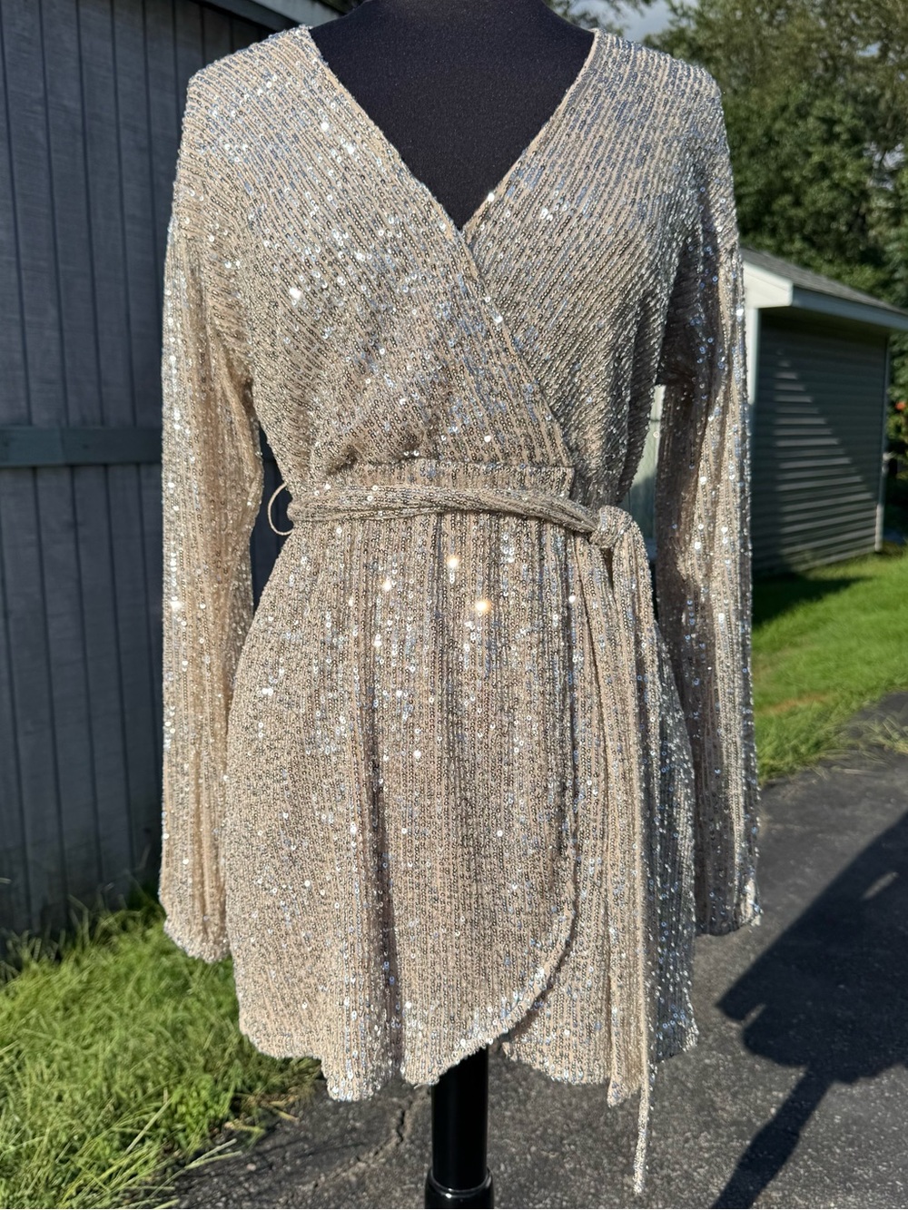 Princess Polly Champagne Sequin Wrap Mini Dress
